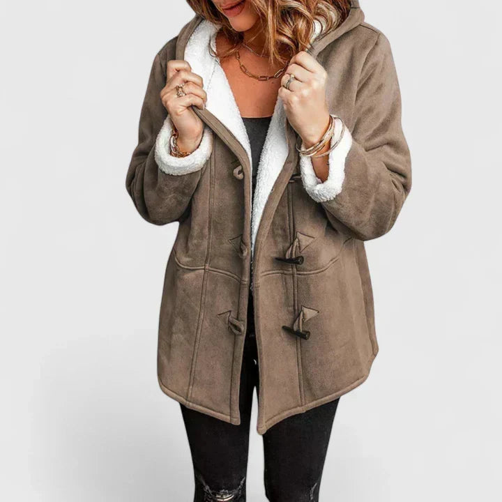 Hooded Sherpa Lined Suede Toggle Button Coat