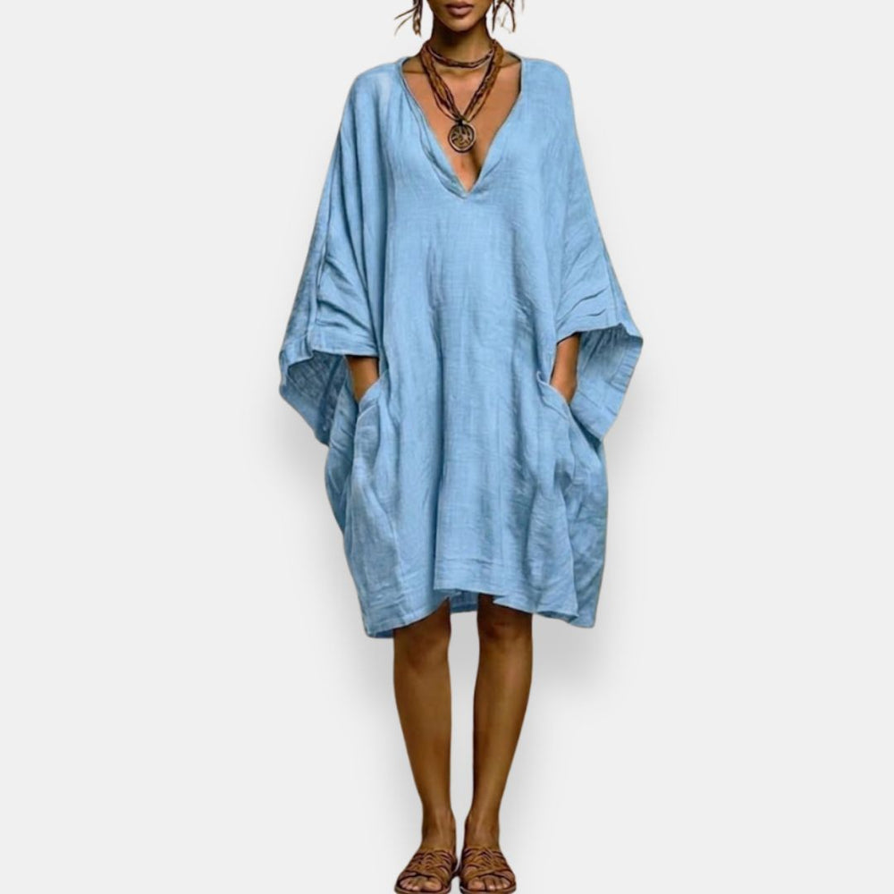 V-Neck Batwing Sleeve Linen Oversized Pocket Midi Dress 3