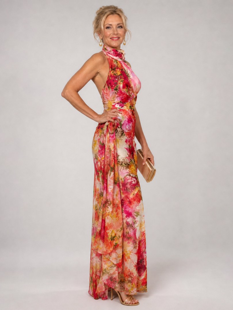 Floral Halter High Neck Floral Print Chiffon Draped Flowing Maxi Gown