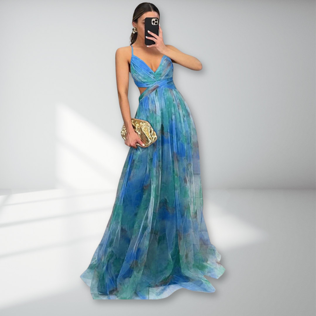 Spaghetti Strap V-Neck Floral Tulle Ruched Waist A-Line Maxi Dress