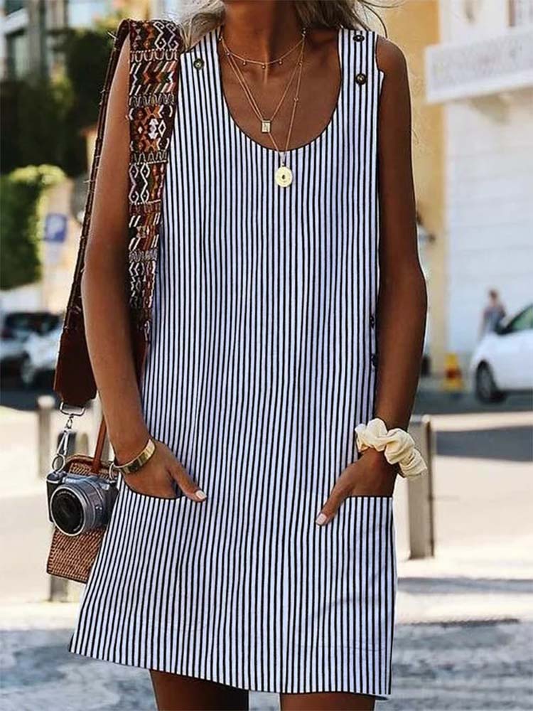 Crew Neck Women Dress Shift Daily Boho Pockets Striped Dress