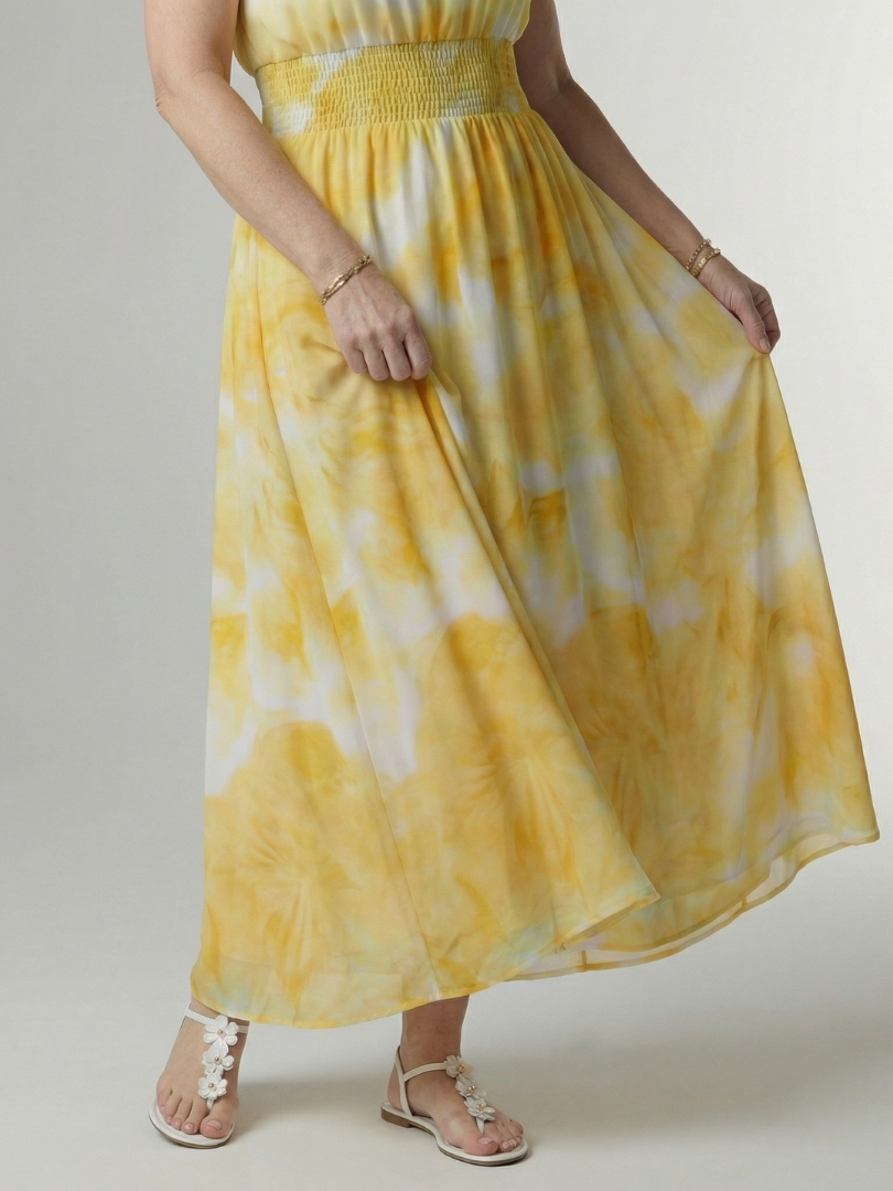Halter High Neck Sleeveless Tie-Dye Print Shirred Waist Maxi Dress