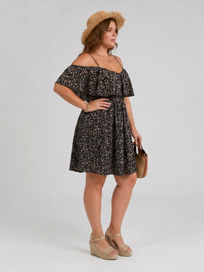 Floral Cold Shoulder Ruffle Overlay Ditsy Floral A-Line Mini Dress 4