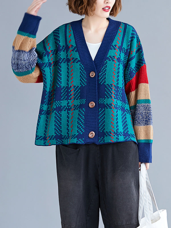 Green V-Neck Button Front Plaid Knit Striped Sleeve Cardigan