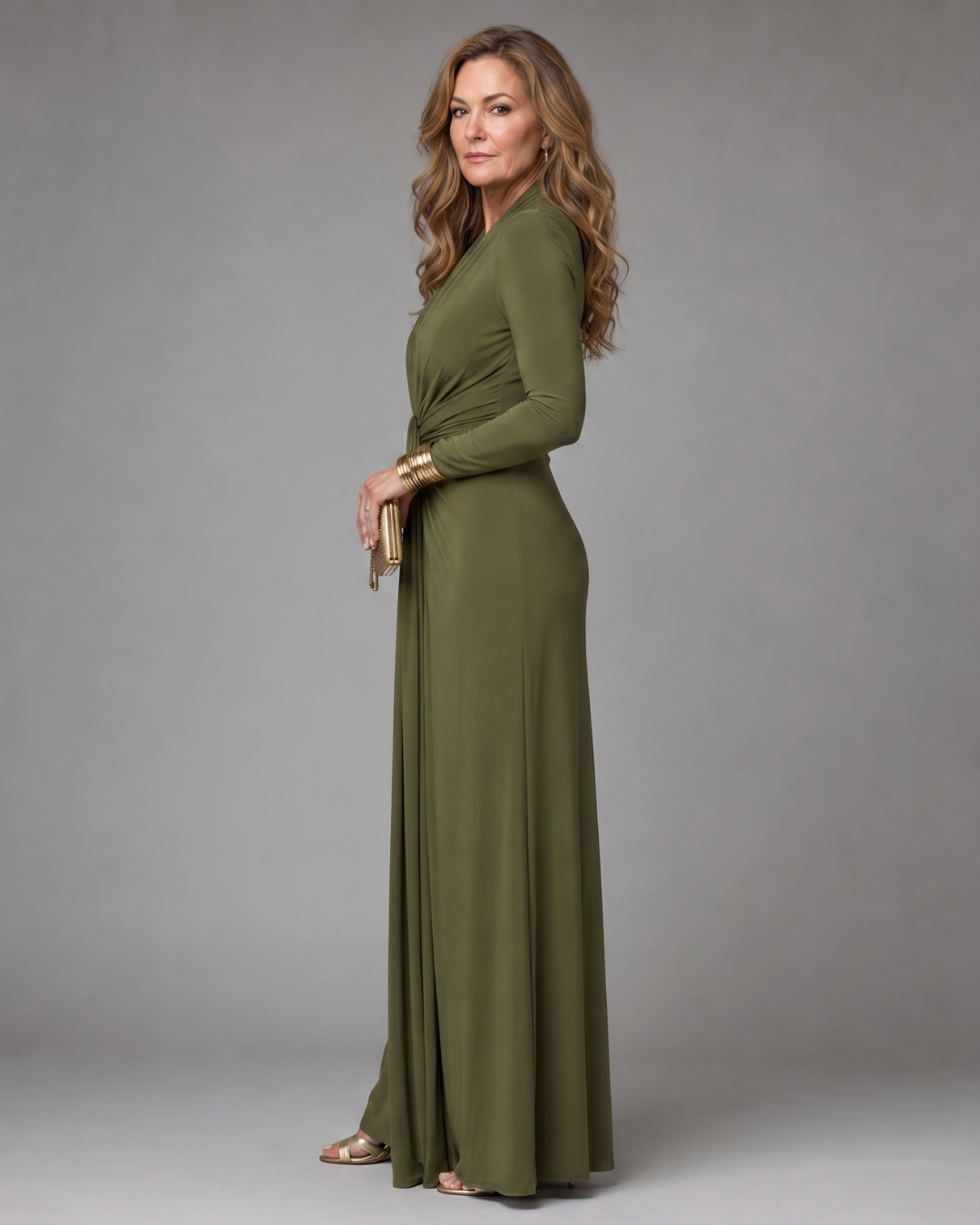 Green Plunge V-Neck Long Sleeve Draped Twist Front Maxi Gown