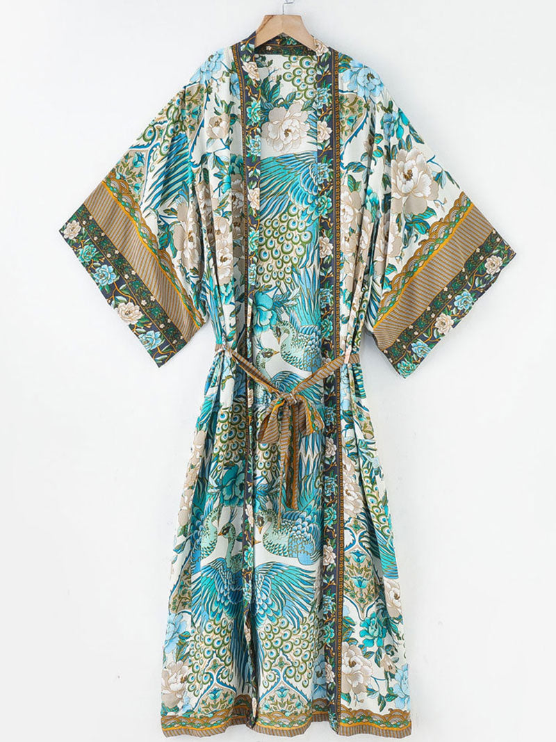 Floral Peacock Print Open Front Long Kimono Duster