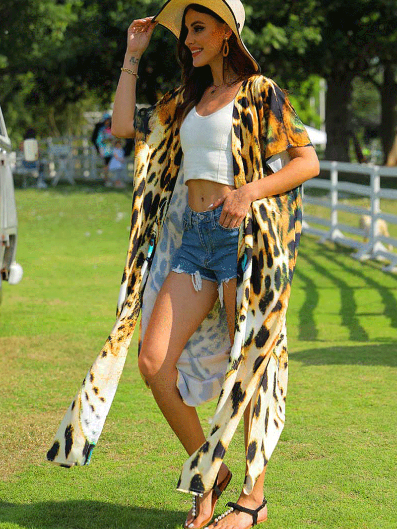 Yellow Leopard Leopard Print Open Front Long Length Duster Kimono