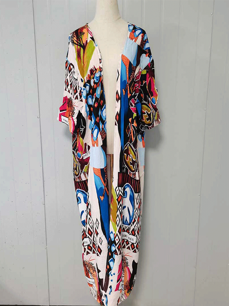 White Abstract Print Open Front Long Kimono Duster Robe