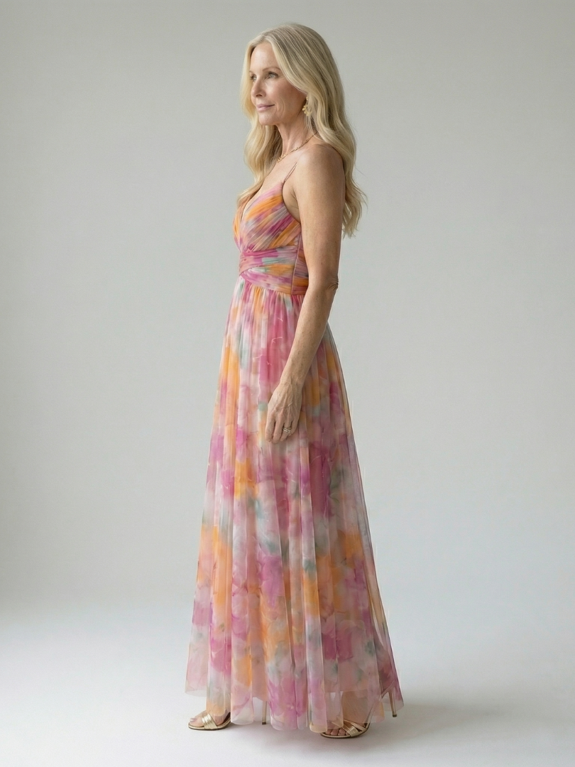 Spaghetti Strap V-Neck Floral Print Pleated Tulle Maxi Gown 2