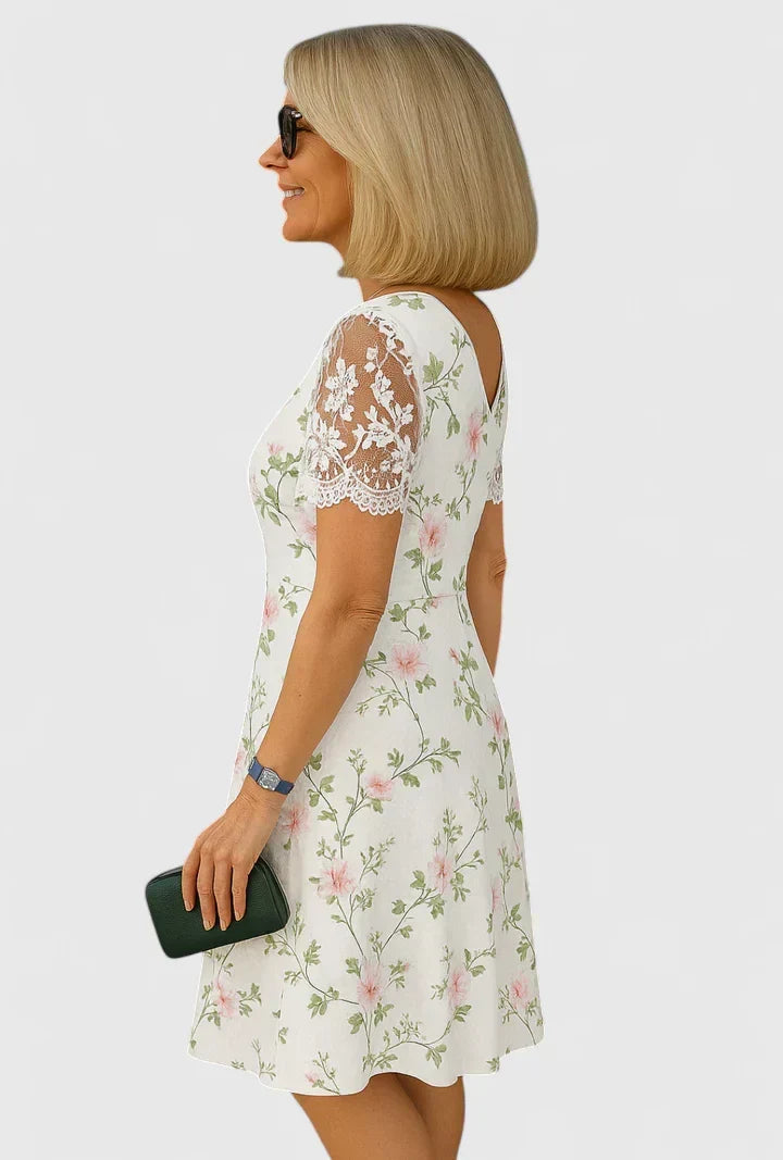 V-Neck Floral Print Lace Sleeve A-Line Midi Dress