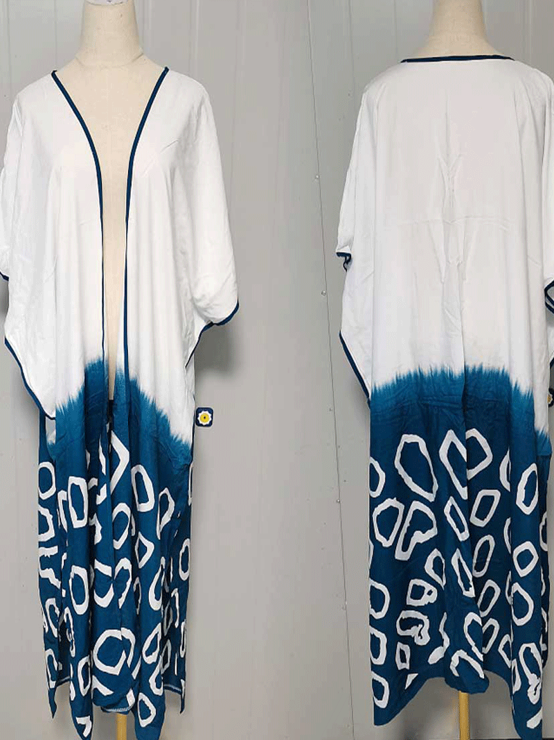 White Tie Dye Geometric Print Open Front Long Kimono 4