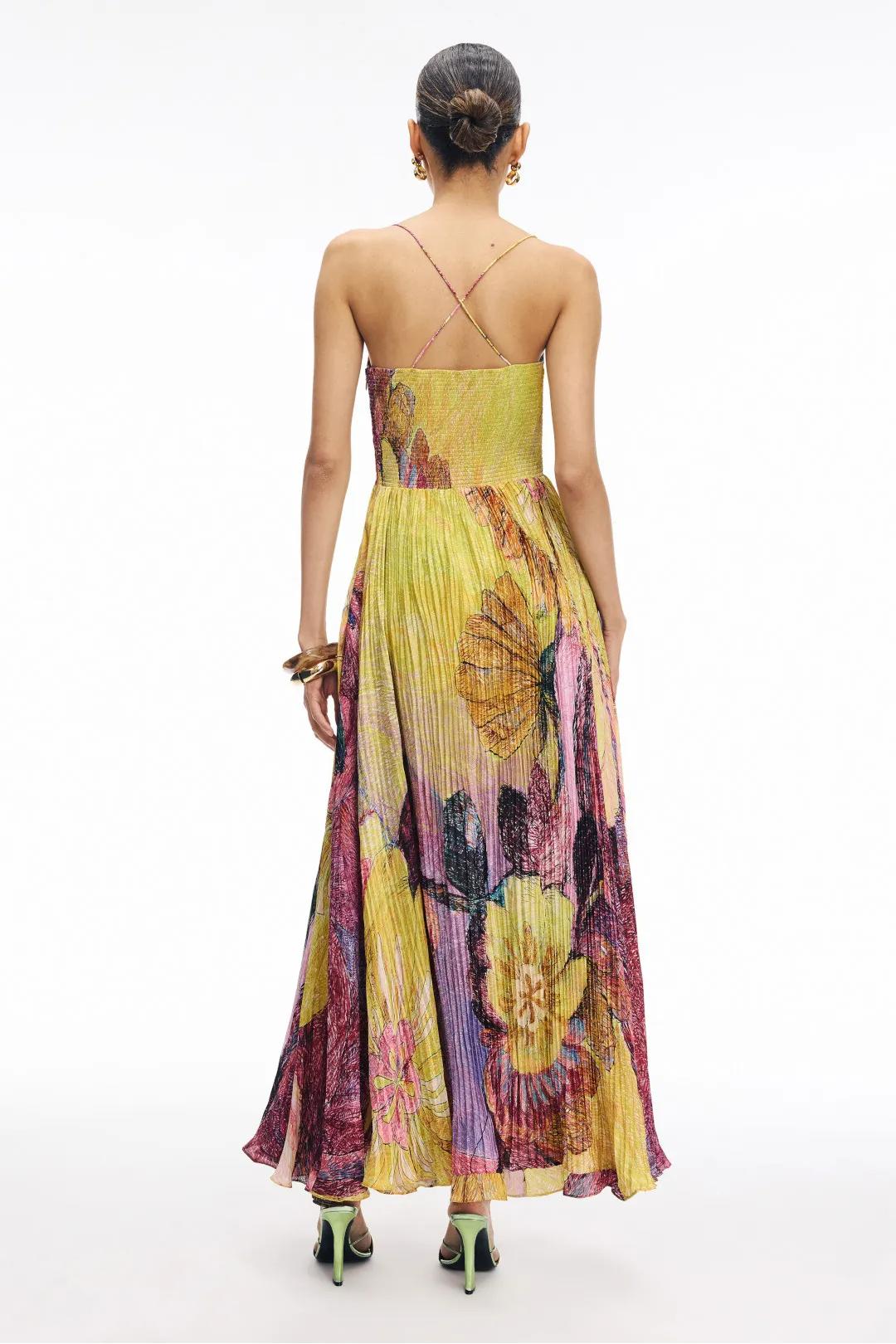 Kiara Multicolored Spaghetti Strap Floral Pleated Cutout Waist Flowy Maxi Dress