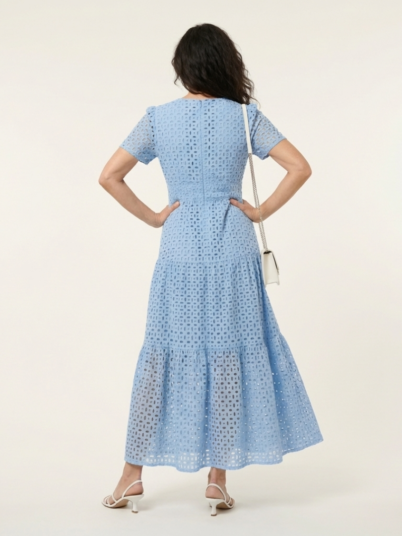 Sky Blue Notch Neck Eyelet Lace Flutter Sleeve Tiered A-Line Maxi Dress 4