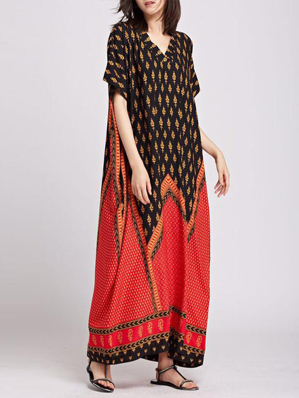 Brown V-Neck Ethnic Border Print Batwing Sleeve Kaftan Maxi Dress 3