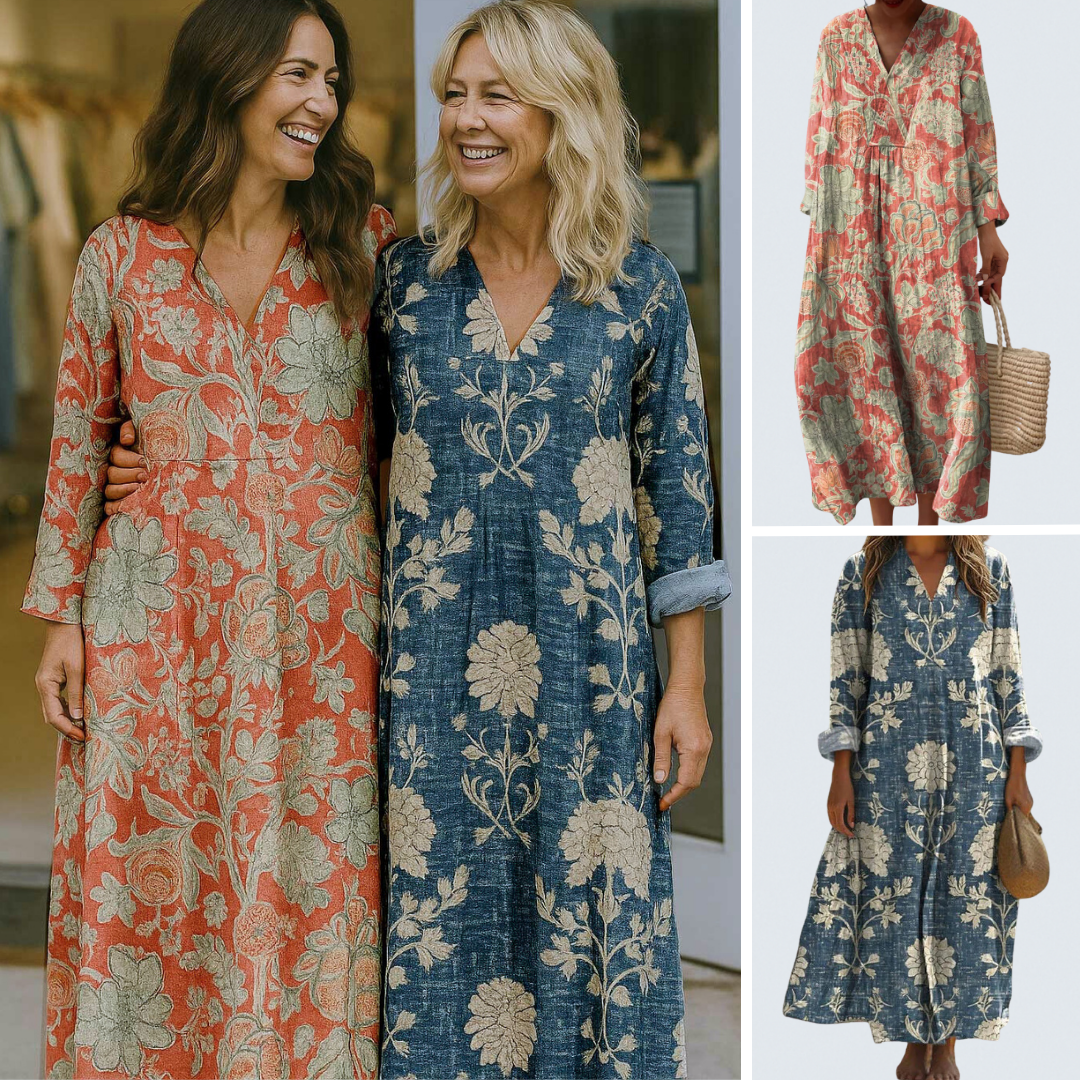 Split Neck Floral Print Long Sleeve Loose Linen Maxi Dress