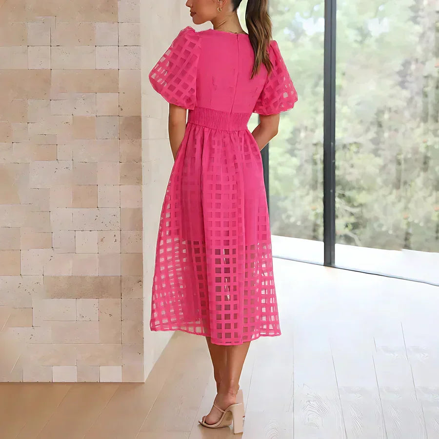 V-Neck Puff Sleeve Sheer Organza Grid A-Line Midi Dress
