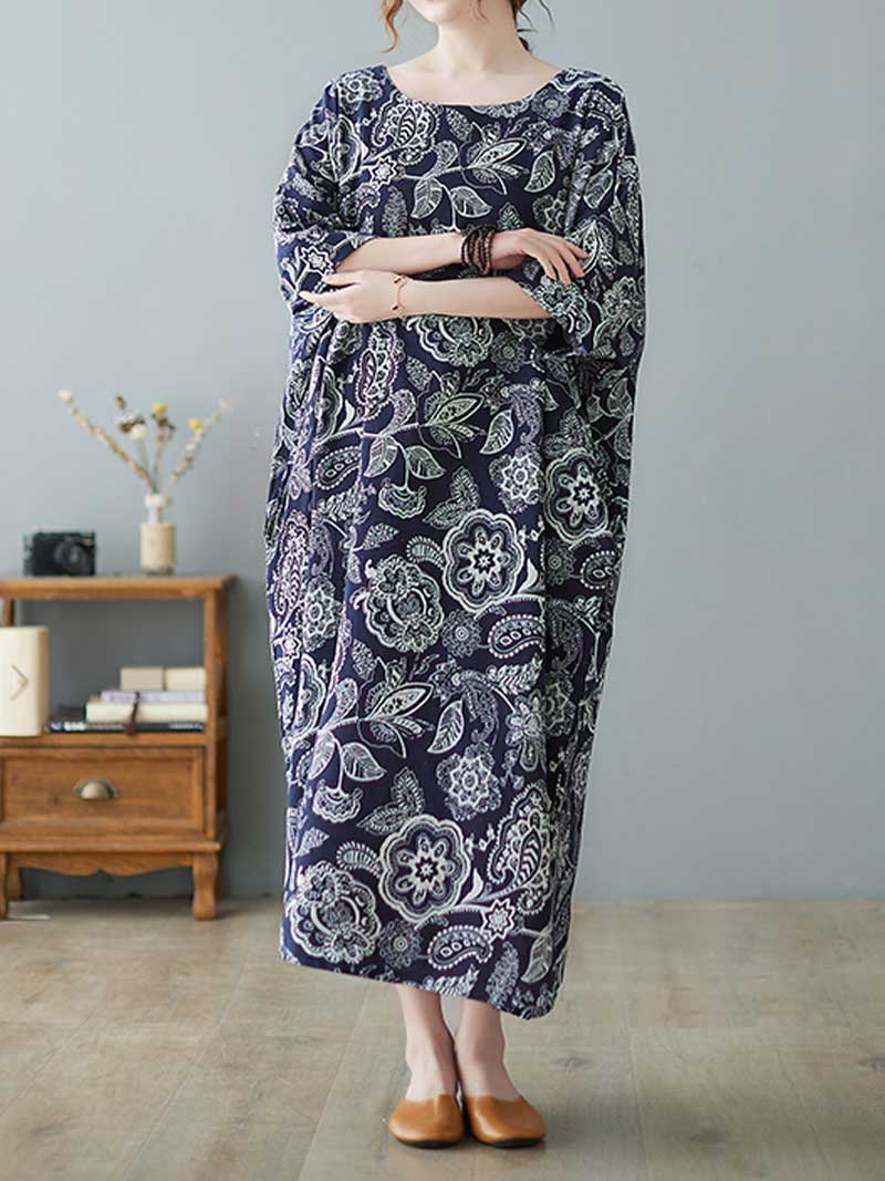 Navy Blue Round Neck Paisley Floral Print Short Sleeve Loose Maxi Dress 3