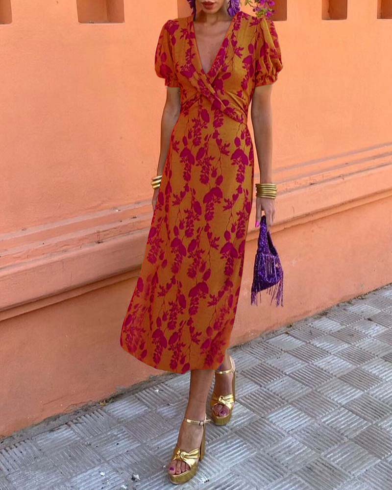 Deep V-Neck Twist Front Floral Print Puff Sleeve Bodycon Midi Dress