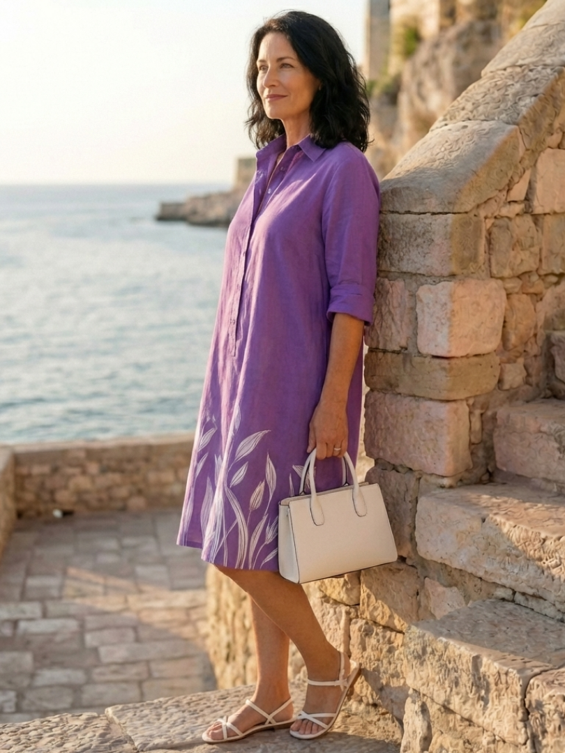 Purple Collar Button Placket Tulip Border Print Roll-Tab Shift Midi Dress