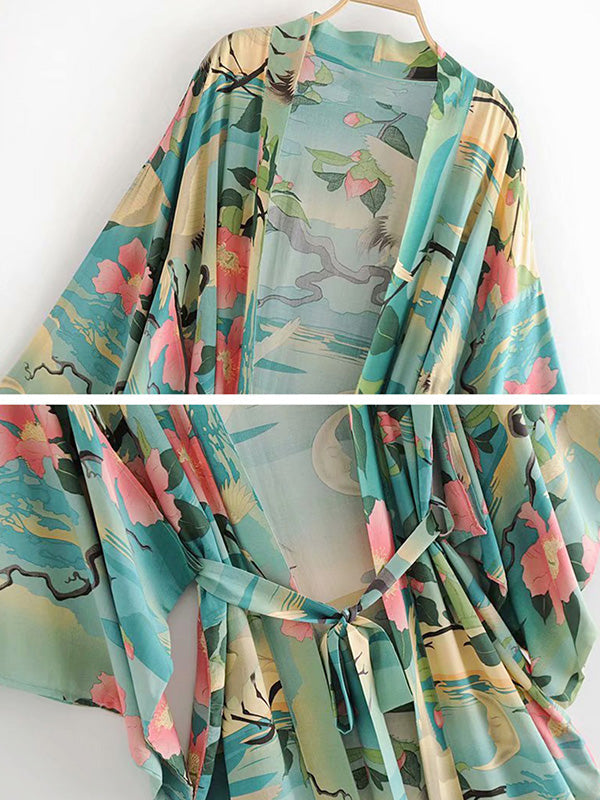 Green Floral Landscape Print Belted Open-Front Midi Kimono 3