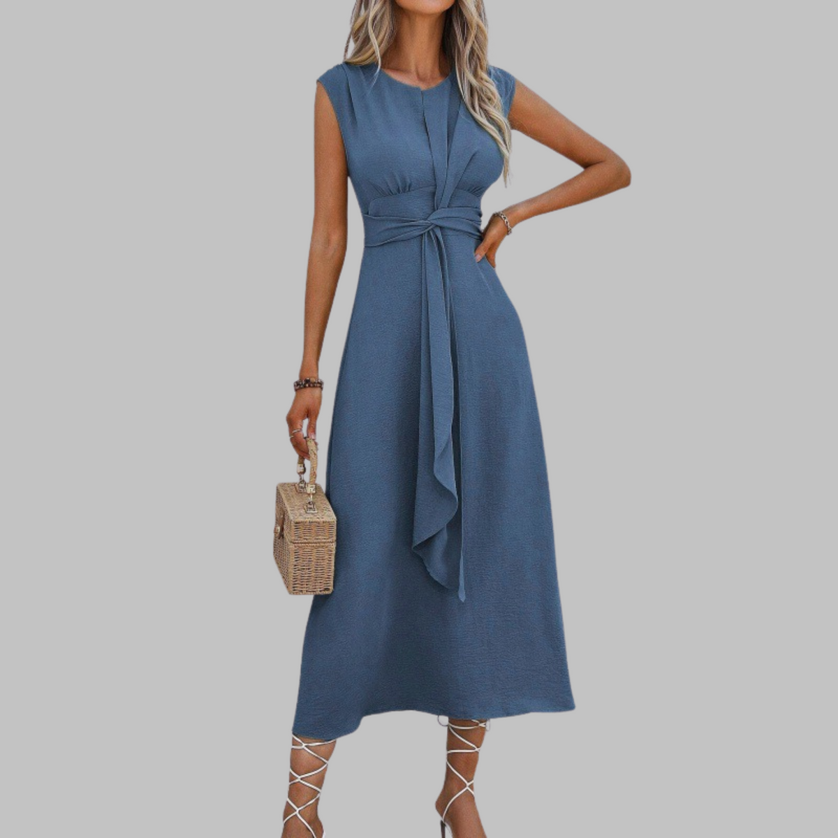Round Neck Cap Sleeve Twist Front Tie Waist A-Line Midi Dress