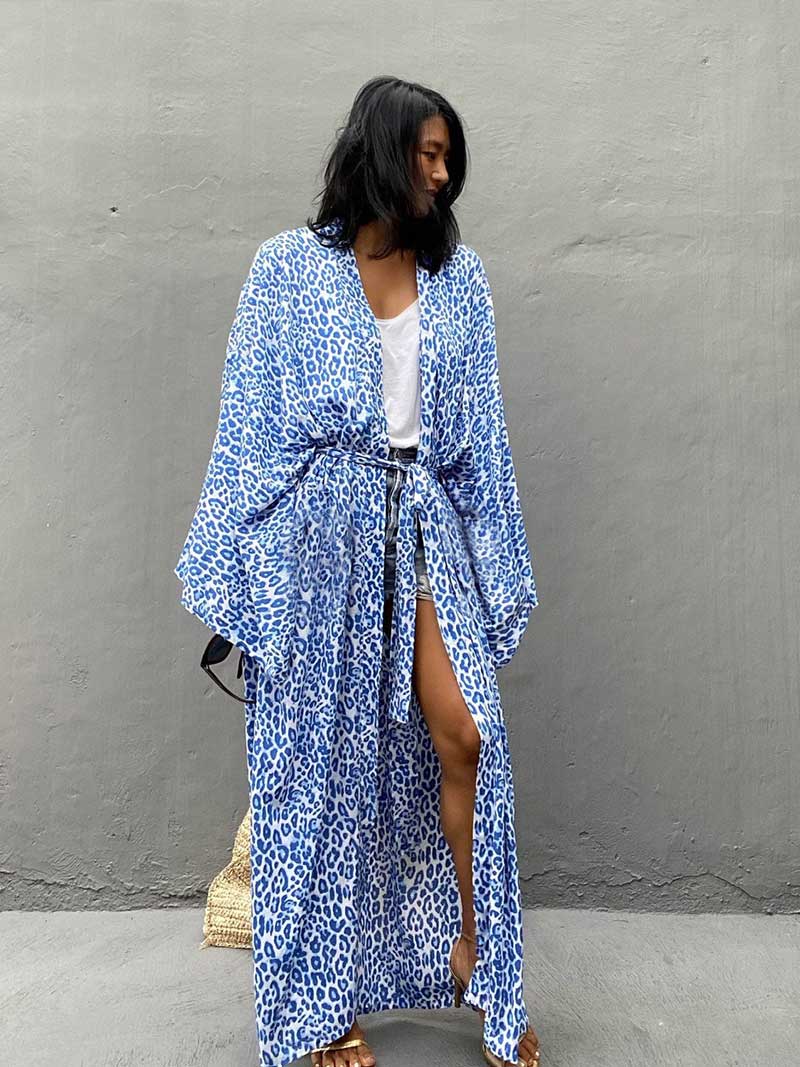 Open Front Abstract Print Belted Long Kimono Robe 19