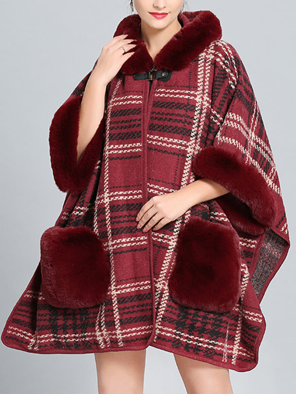 Hooded Faux Fur Trim Plaid Pocket Cape Cardigan