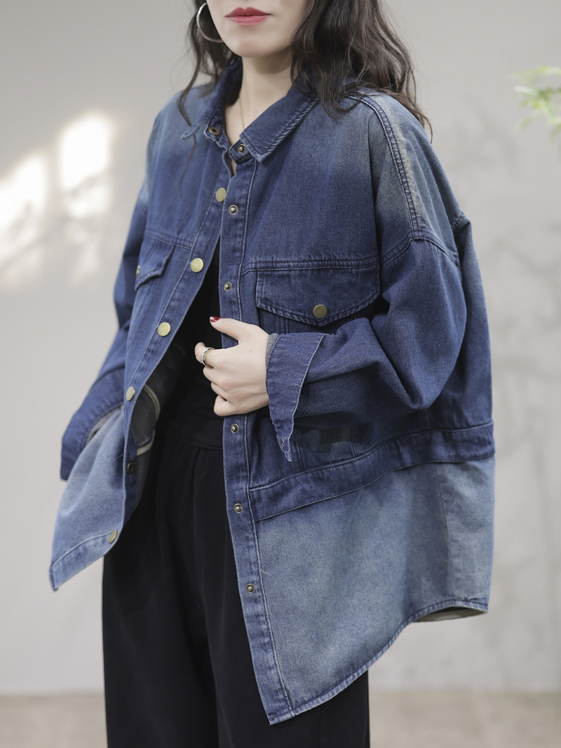 Blue Collared Button Front Flap Pocket Long Sleeve Loose Denim Jacket