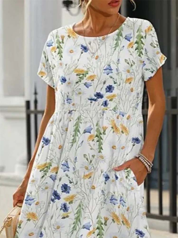 Round Neck Short Sleeves Floral Printed Casual Midi Dress