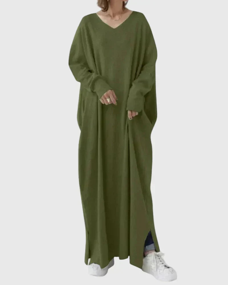 V-Neck Long Sleeve Batwing Loose Knit Side Slit Maxi Dress