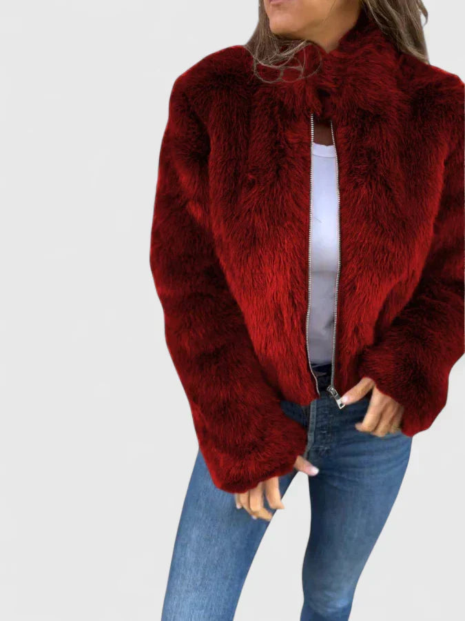 Stand Collar Faux Fur Zip Front Cropped Jacket
