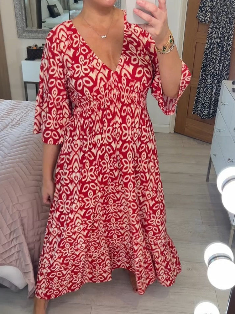 Red Mosaic Print 3/4 Sleeve Maxi Dress