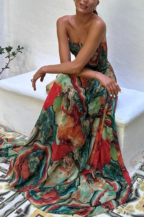 Print Strapless Abstract Marble Print Dropped Waist Flowy A-Line Maxi Dress