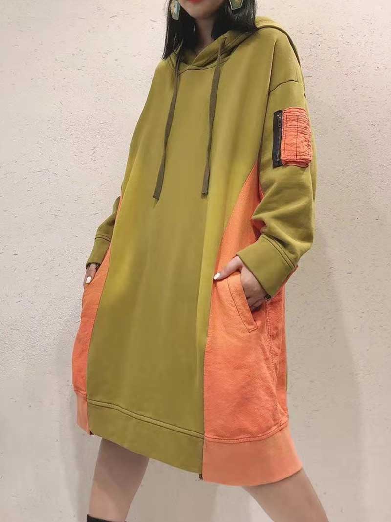 Green Orange Hooded Long Sleeve Color Block Loose Sweatshirt Midi Dress 2