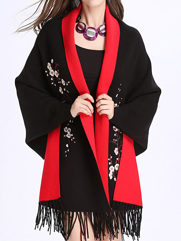 Floral Embroidered Contrast Border Fringe Shawl Cardigan