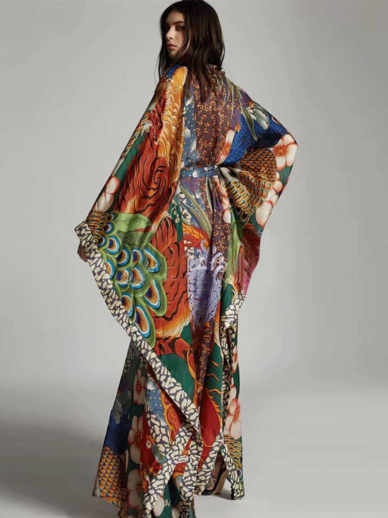 Multicolor Peacock Print Tie Waist Batwing Sleeve Long Kimono Duster