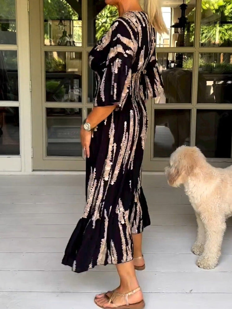 Retro 3/4 Sleeve Print Midi Dress