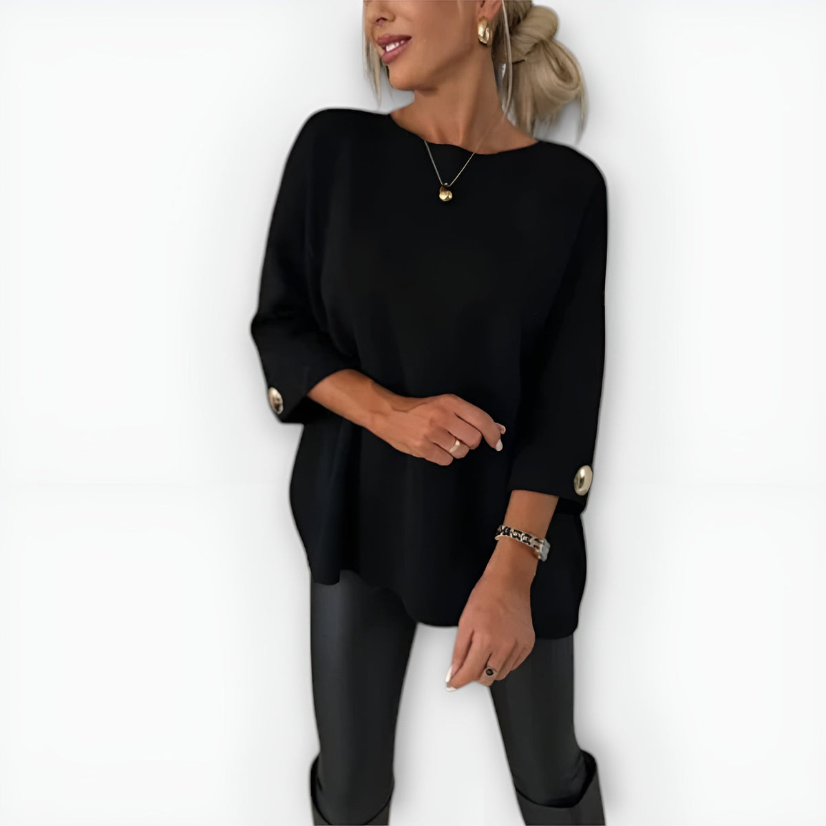 Round Neck Long Sleeve Side Button Oversized Knit Sweater