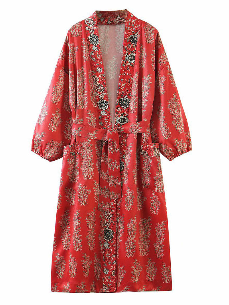 Red Bohemian Floral Print Belted Long Length Kimono Robe
