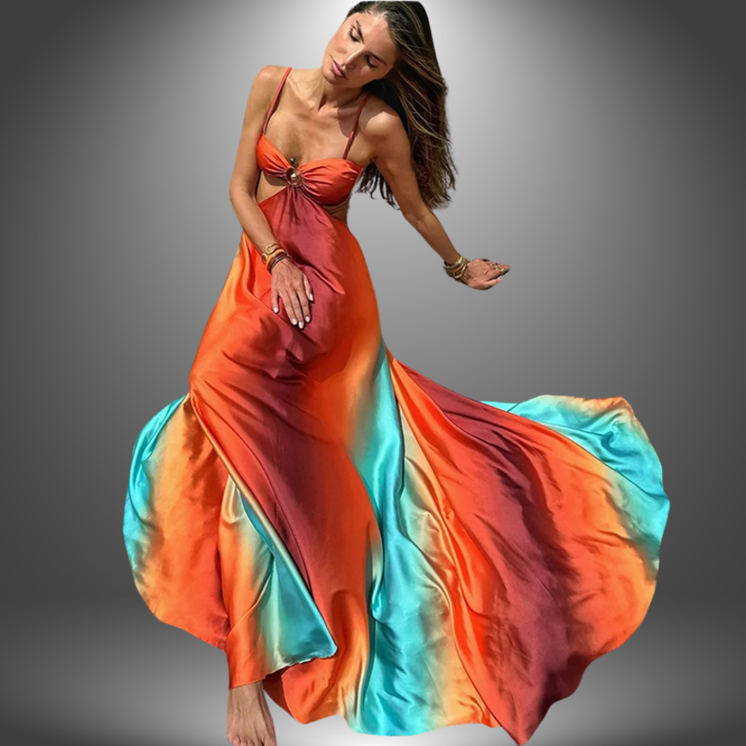 Orange Strapless Sweetheart Gradient Ring Cutout Satin Maxi Gown 2