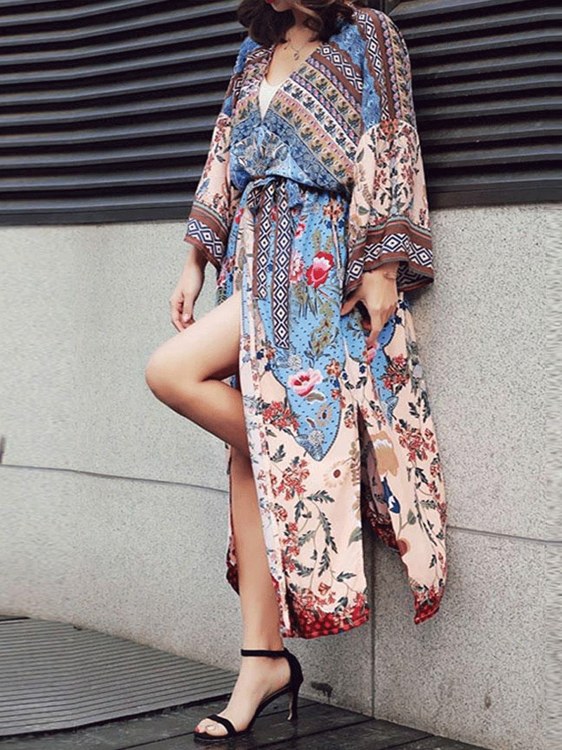 Blue Bohemian Floral Print Open Front Long Kimono
