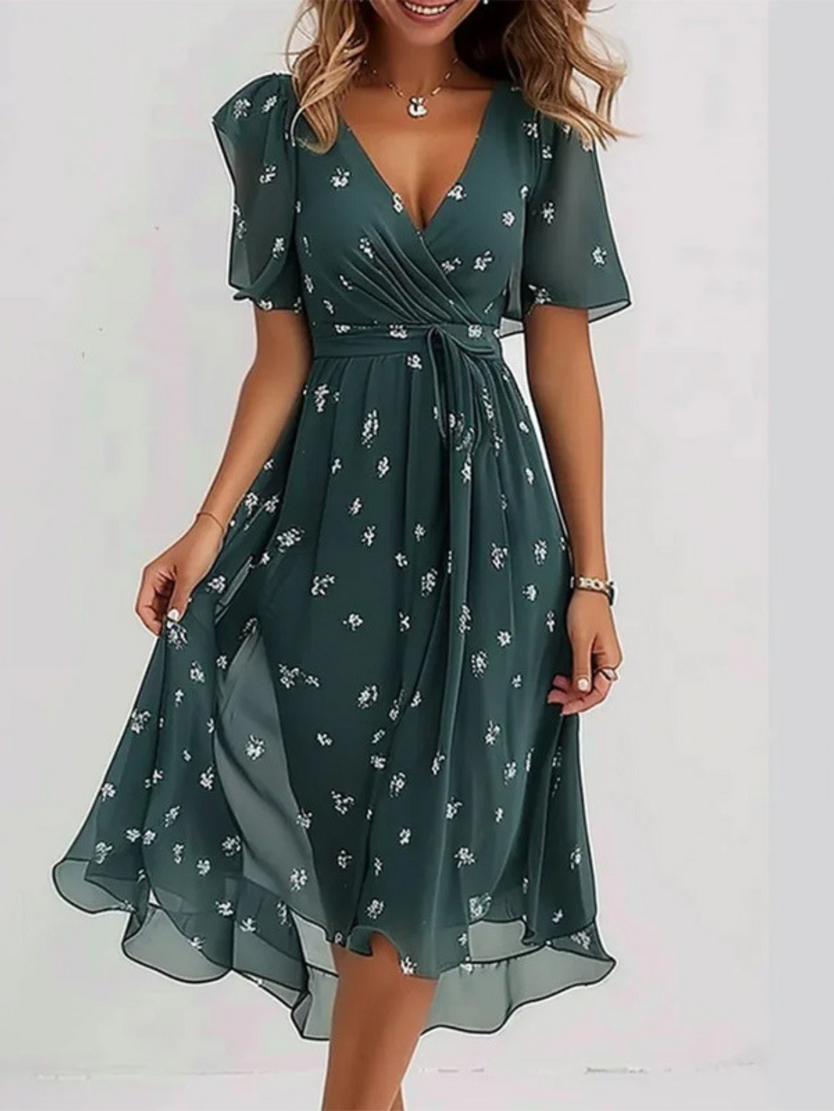 V-Neck Floral Chiffon Flutter Sleeve Tie-Waist A-Line Midi Dress