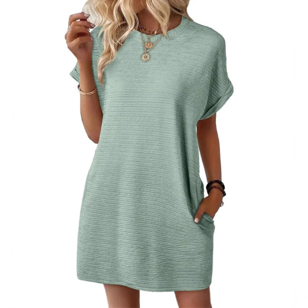 Round Neck Textured Cuffed Sleeve Pocket Shift Mini Dress