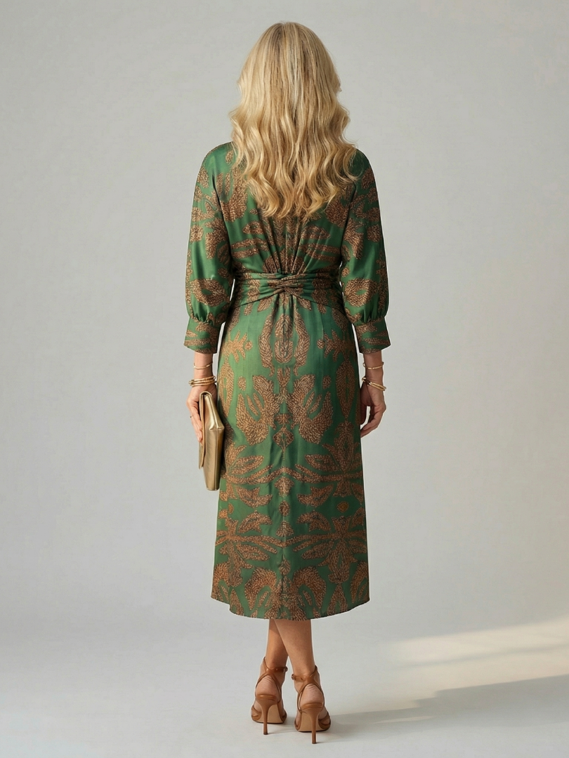 V-Neck Twist Front Long Sleeve Abstract Print Sheath Midi Dress