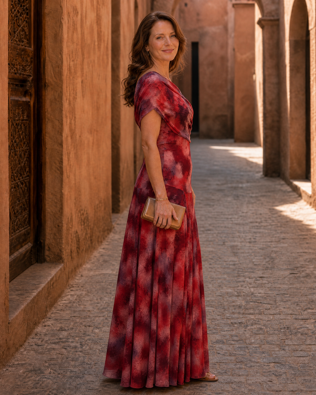 Red One Shoulder Draped Watercolor Print Ruched Flowy Maxi Dress 2