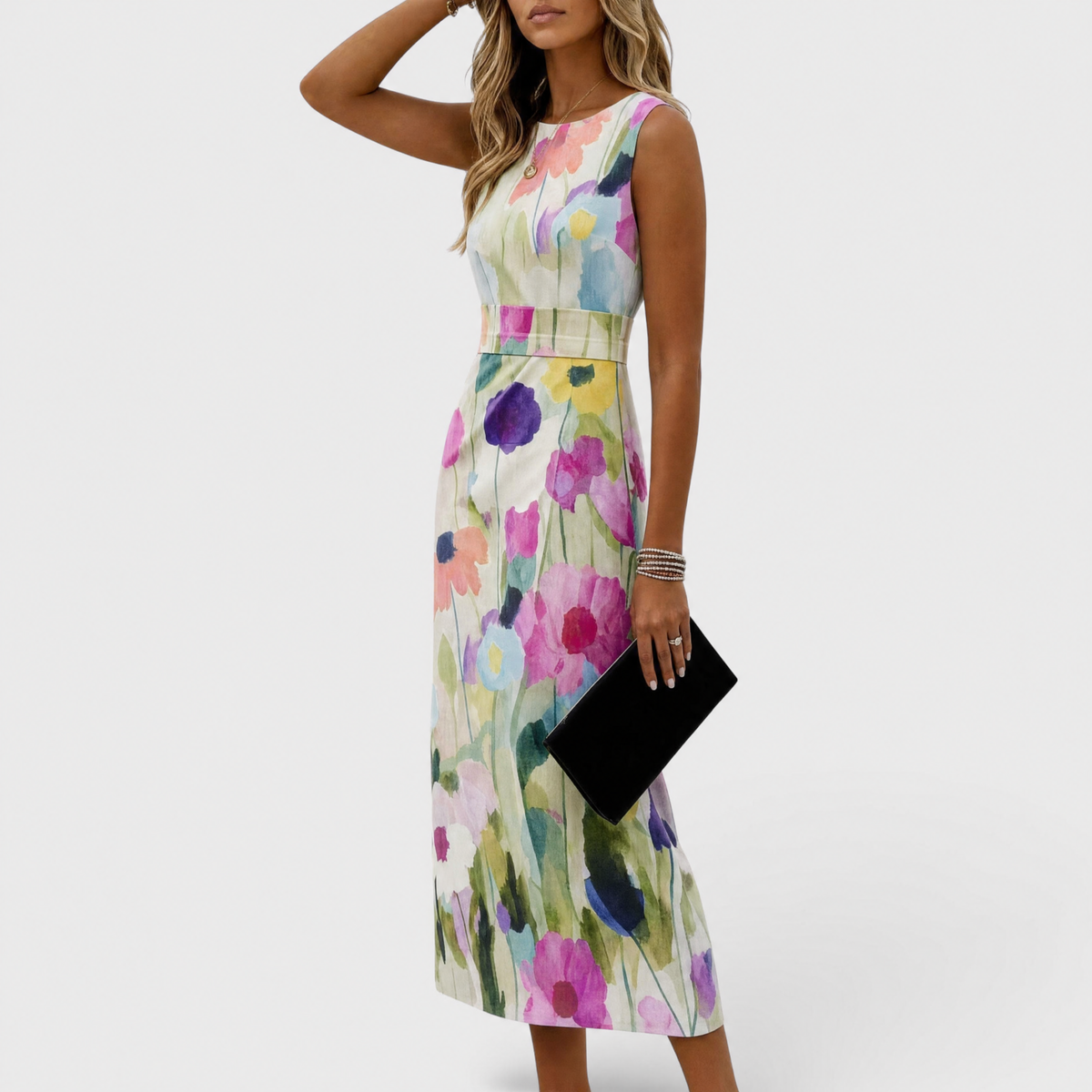 Watercolor Floral Boat Neck Watercolor Floral Sleeveless Belted Sheath Midi Dress 3