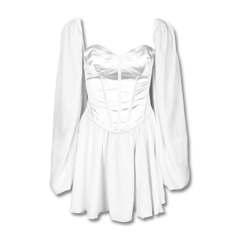 White Sweetheart Puff Sleeve Satin Corset A-Line Mini Dress