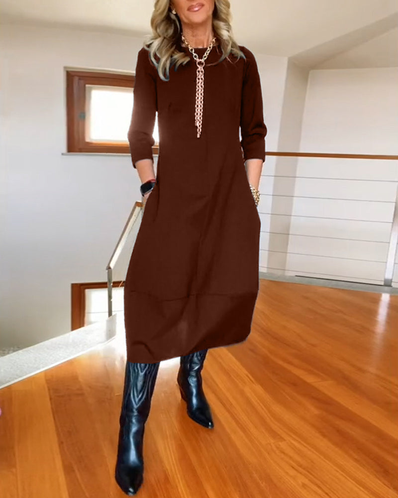 Round Neck Three Quarter Sleeve Pocket Cocoon Midi Dress