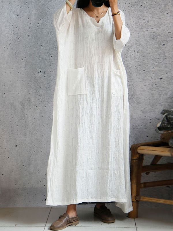 V-Neck Long Sleeve Patch Pocket Linen Loose Maxi Dress