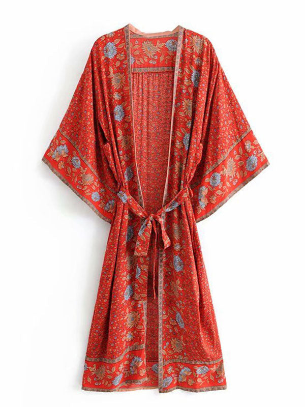 Red Bohemian Floral Border Print Belted Flared Sleeve Long Kimono Robe